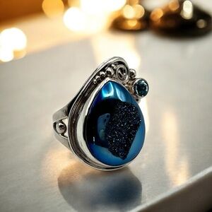 BEAUTIFUL Signed Sajen Blue Druzy Topaz 925 Sterling Silver Ring Size 8 Adj EUC